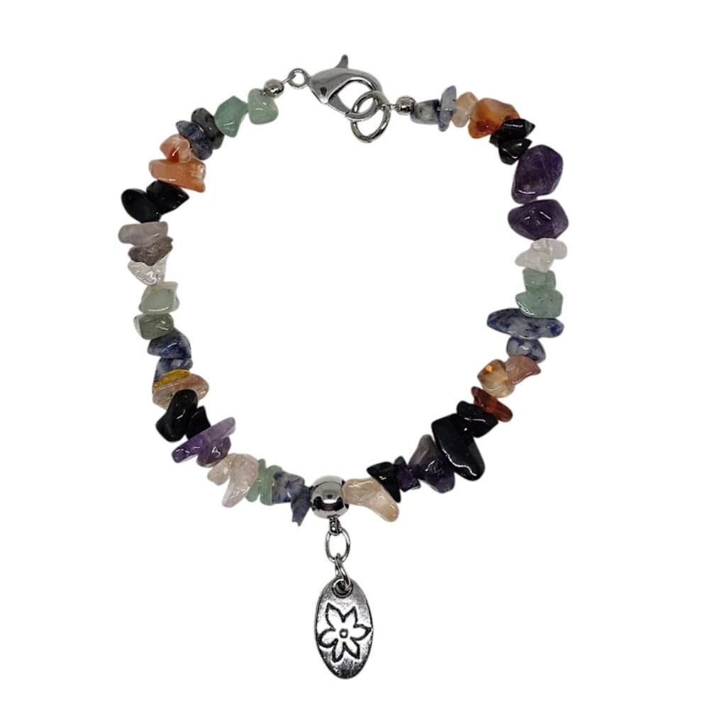 Handmade Mixed Gemstone Chip Bracelet Silver Tone Flower Charm Boho Style